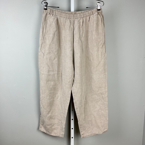 FLAX by Jeanne Engelhart Pants Womens L Tan Beige 100% Linen Pull On - Picture 1 of 6
